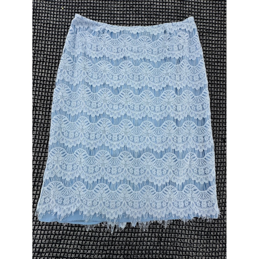 Preston & York Pencil Skirt Womens 12 Blue Excellent Tiered Lace Eyelash Trim